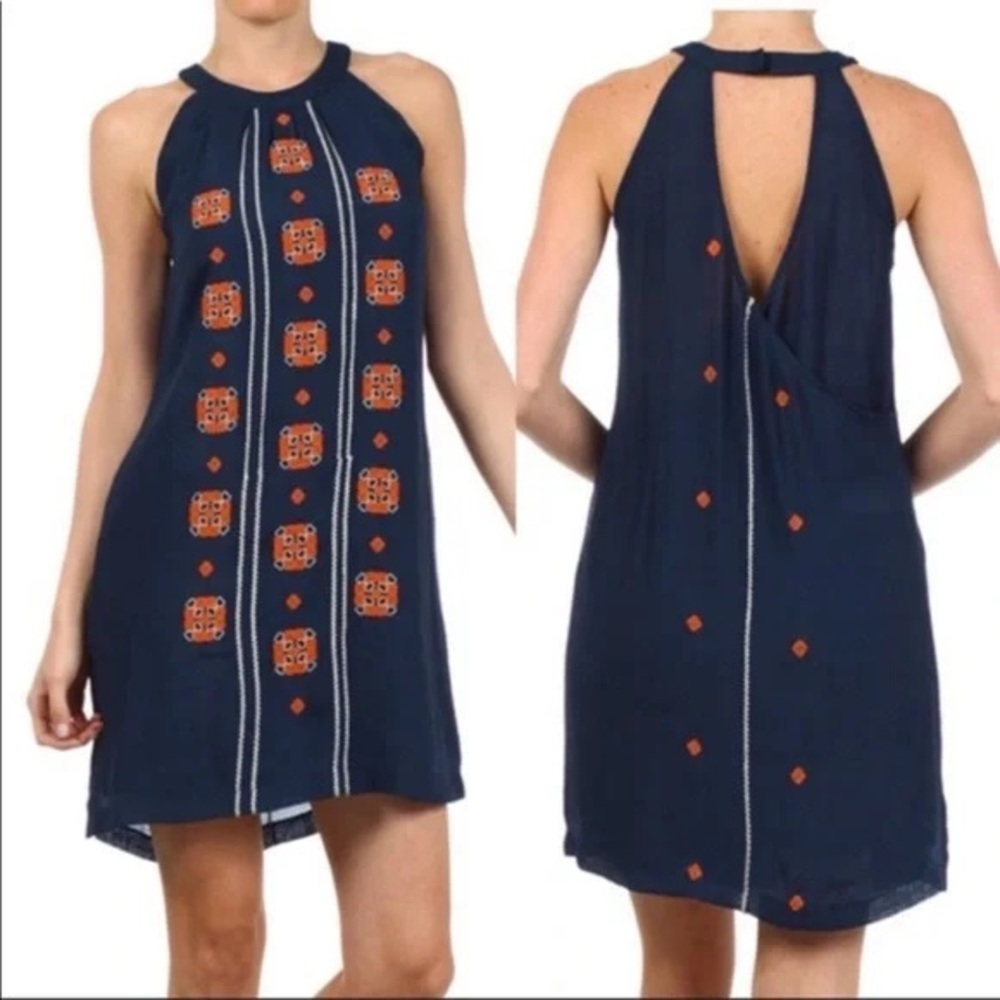 THML Anthropologies M Womens Blue Halter Embroidered Spring Dress Sleeveless